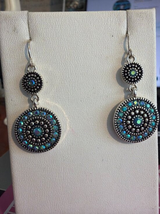 Jewelry - Boho Silver Tone Blue AB Crystal Double Drop Dangle Earrings 1.5" Flash 6.77g